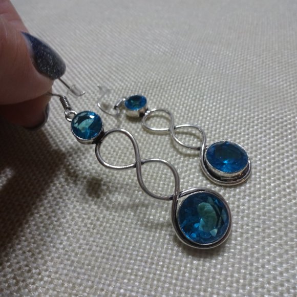 Gorgeous "BLUE TOPAZ" Handmade Sterling Dangle Earrings #472B - Picture 3 of 3